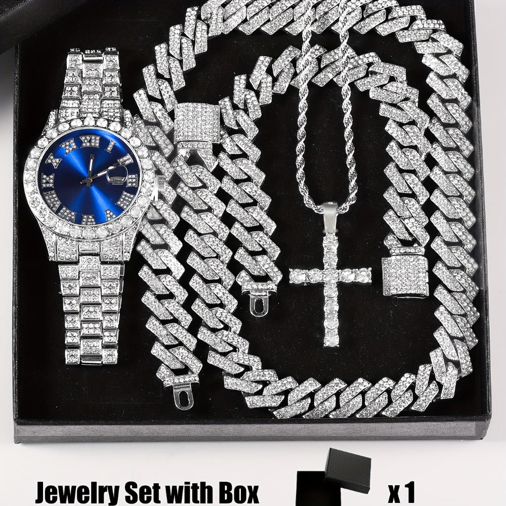 Bridal Jewelry Set - Rhinestone Watch & Cross Pendant 4-Piece for Men & Women 5A Crystal Quartz - product detail view 12