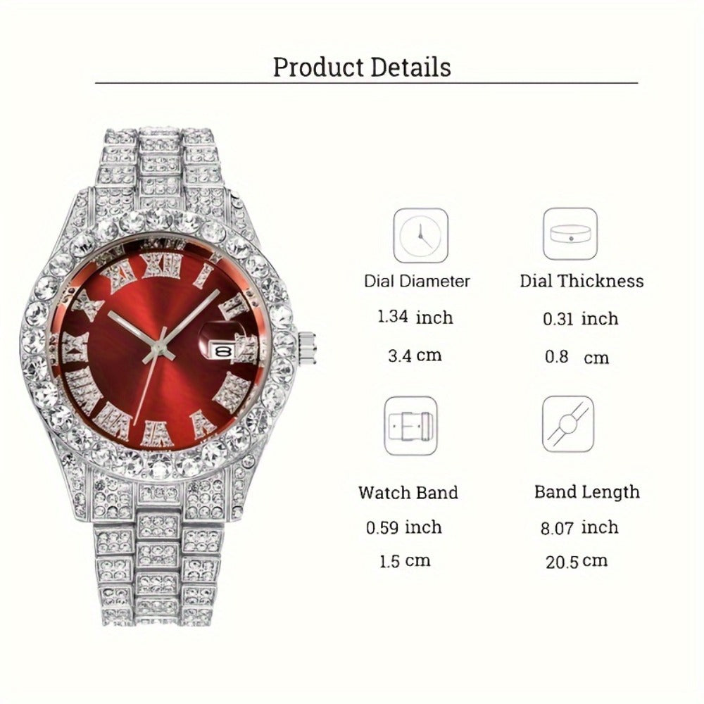 Bridal Jewelry Set - Rhinestone Watch & Cross Pendant 4-Piece for Men & Women 5A Crystal Quartz - product detail view 14