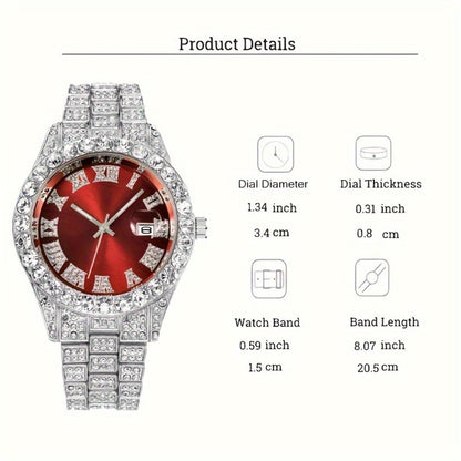 Bridal Jewelry Set - Rhinestone Watch & Cross Pendant 4-Piece for Men & Women 5A Crystal Quartz - product detail view 14