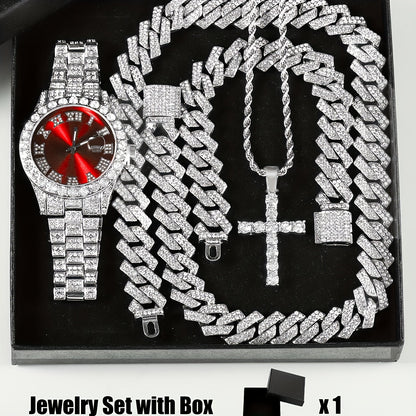 Bridal Jewelry Set - Rhinestone Watch & Cross Pendant 4-Piece for Men & Women 5A Crystal Quartz - product detail view 20