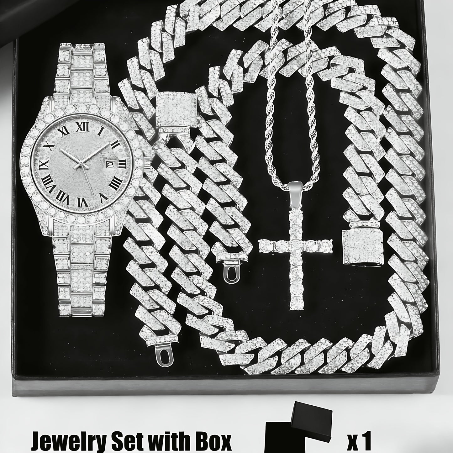 Bridal Jewelry Set - Rhinestone Watch & Cross Pendant 4-Piece for Men & Women 5A Crystal Quartz - product detail view 21