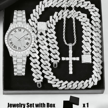 Bridal Jewelry Set - Rhinestone Watch & Cross Pendant 4-Piece for Men & Women 5A Crystal Quartz - product detail view 21