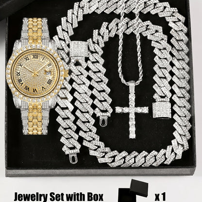 Bridal Jewelry Set - Rhinestone Watch & Cross Pendant 4-Piece for Men & Women 5A Crystal Quartz - product detail view 23