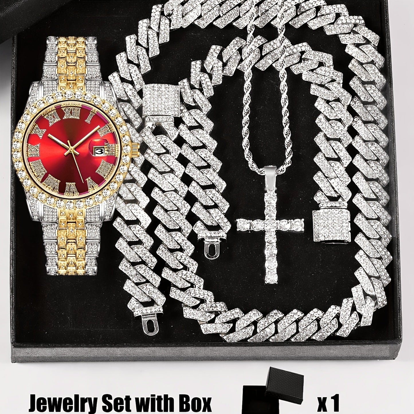 Bridal Jewelry Set - Rhinestone Watch & Cross Pendant 4-Piece for Men & Women 5A Crystal Quartz - product detail view 24