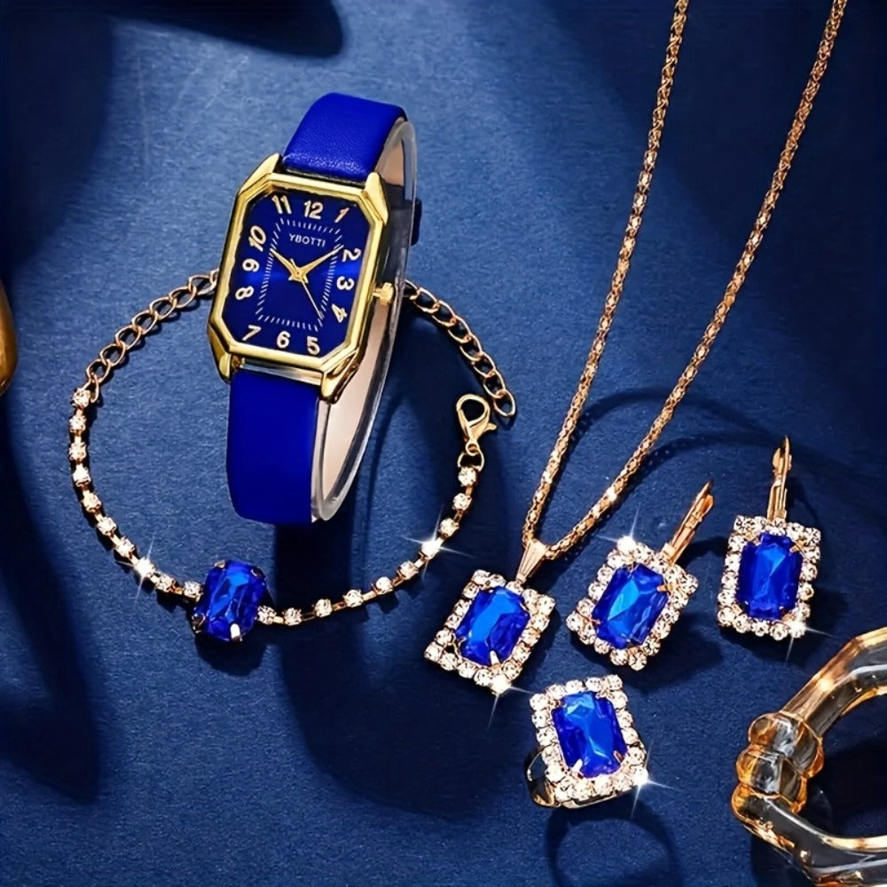 Bridal Jewelry Set - Women's Watch & 6pcs PU Leather Quartz Watch with Matching Bracelet, Ring - product detail view 2