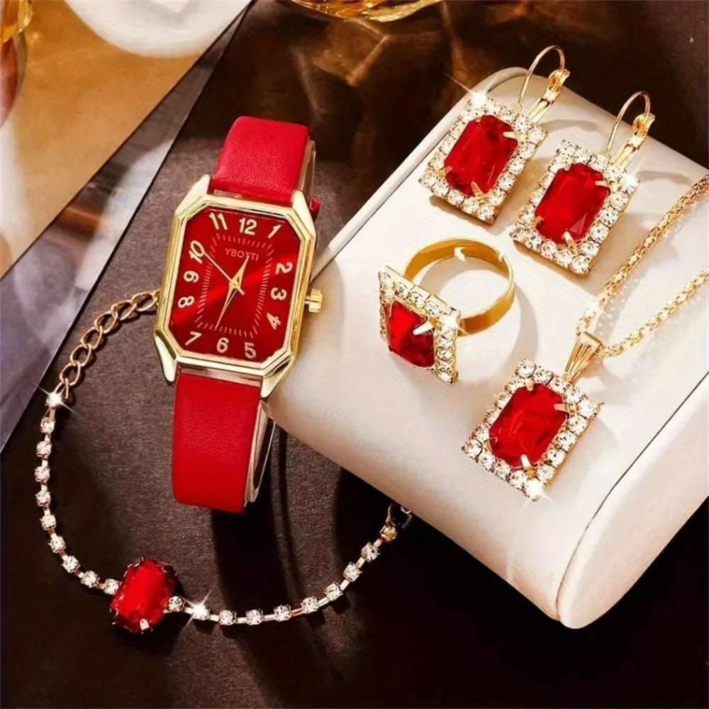 Bridal Jewelry Set - Women's Watch & 6pcs PU Leather Quartz Watch with Matching Bracelet, Ring - product detail view 4