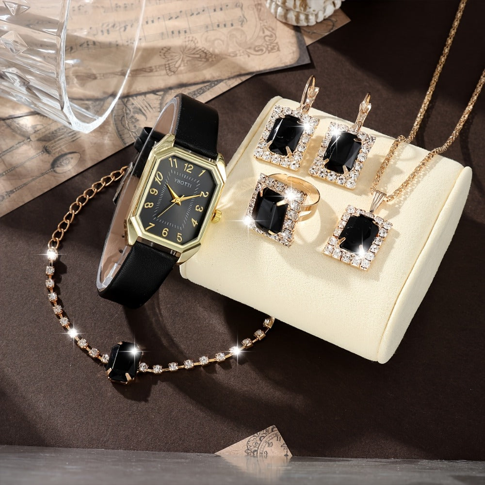 Bridal Jewelry Set - Women's Watch & 6pcs PU Leather Quartz Watch with Matching Bracelet, Ring - product detail view 6