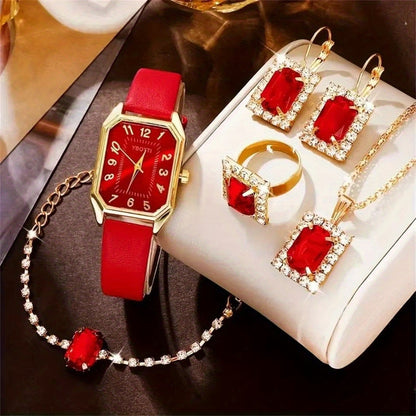 Bridal Jewelry Set - Women's Watch & 6pcs PU Leather Quartz Watch with Matching Bracelet, Ring - product detail view 12