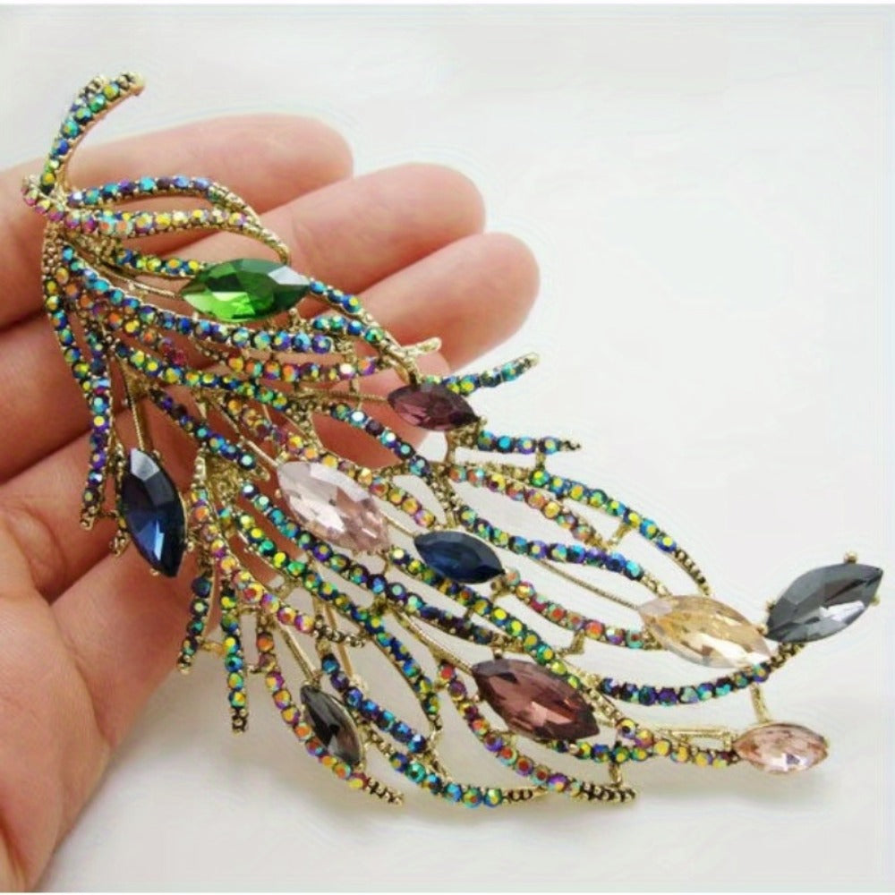 Brooch Pin - Feather Multicolor Rhinestone Long Feather Lapel Luxury Crystal Corsage - product detail view 3