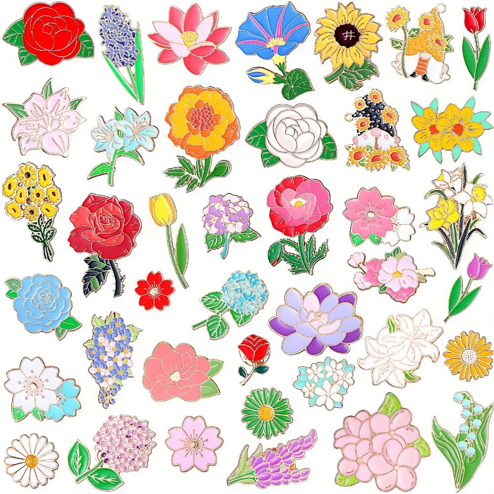 Brooch Pin - Flower Enamel 40pcs Floral Lapel Set Rose Sunflower Tulip Lily Hydrangea - main product view