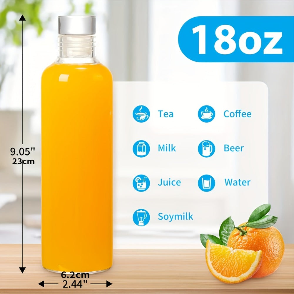 Borosilicate Glass Water Bottle Set of 6 with Lid Sleeve and Cleaning Brush – 18oz Reusable Juice Bottles | Non-Slip Sports Drinking Vessels
