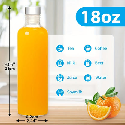 Borosilicate Glass Water Bottle Set of 6 with Lid Sleeve and Cleaning Brush – 18oz Reusable Juice Bottles | Non-Slip Sports Drinking Vessels