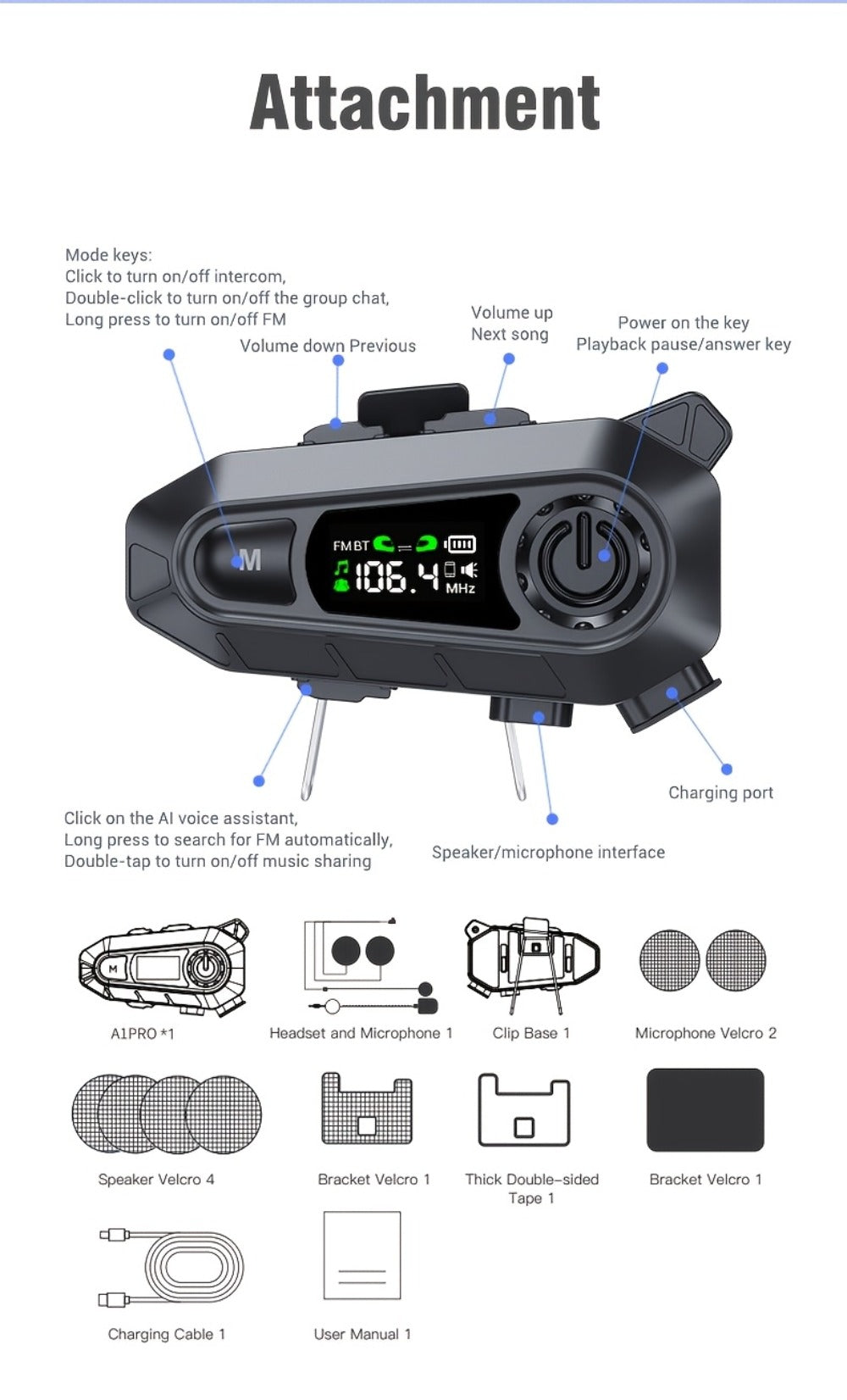 Motorcycle Helmet Bluetooth Intercom Headset 500M Range Bluetooth 5.3 LED Display Noise Cancelling Voice Control FM Radio Music Sharing