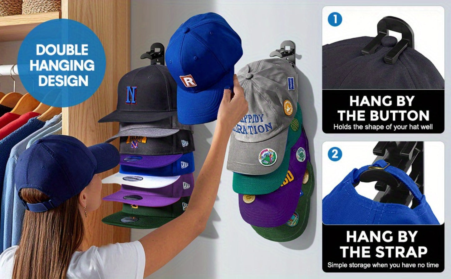 Wall Mounted Hat Rack for Baseball Caps, Adhesive or Drill Mount, Holds 20 Hats, Multilayer Storage