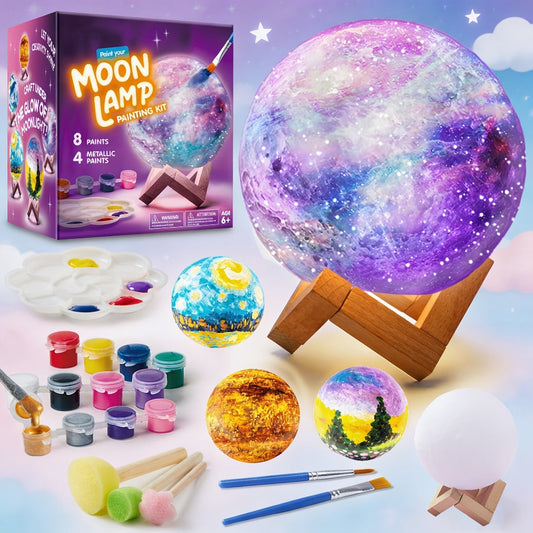 Paint-Your-Own Moon Lamp Craft Kit with 12 Colors, Four Metallic Paints, Two Brushes and Wooden Stand
