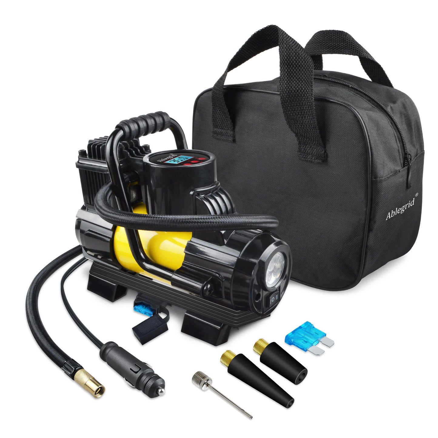 150 PSI 12V Tire Inflator with Analog Pressure Gauge, Carry Bag, Hose Accessories and Yellow or Blue Housing