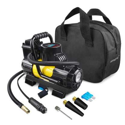 150 PSI 12V Tire Inflator with Analog Pressure Gauge, Carry Bag, Hose Accessories and Yellow or Blue Housing