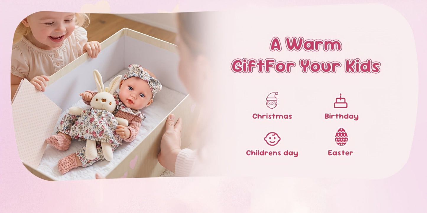 Floral Dress Baby Doll 12 Inch with Rabbit Plush Toy Gift Set, Realistic Vinyl Doll with Floral Outfit