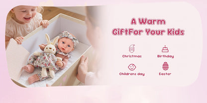 Floral Dress Baby Doll 12 Inch with Rabbit Plush Toy Gift Set, Realistic Vinyl Doll with Floral Outfit