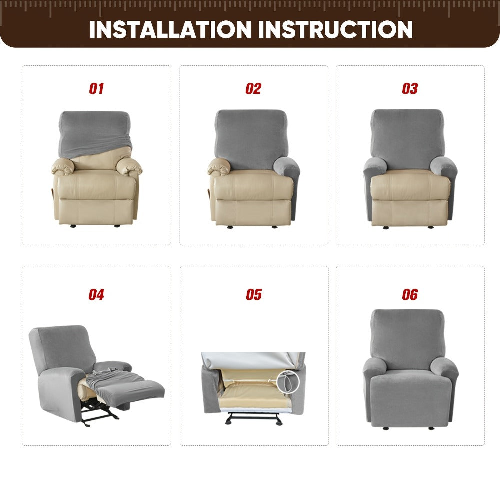 Four-Piece Maze Jacquard Recliner Chair Cover Set with Side Pocket and Nine Solid Color Options