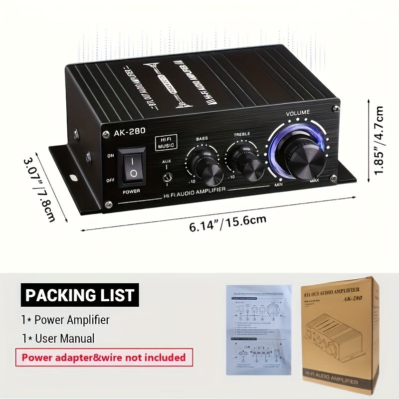 600W Mini HiFi Stereo Power Amplifier, Dual-Channel Class AB Compact Audio Amp, 2.0 Channel, RCA & AUX Input