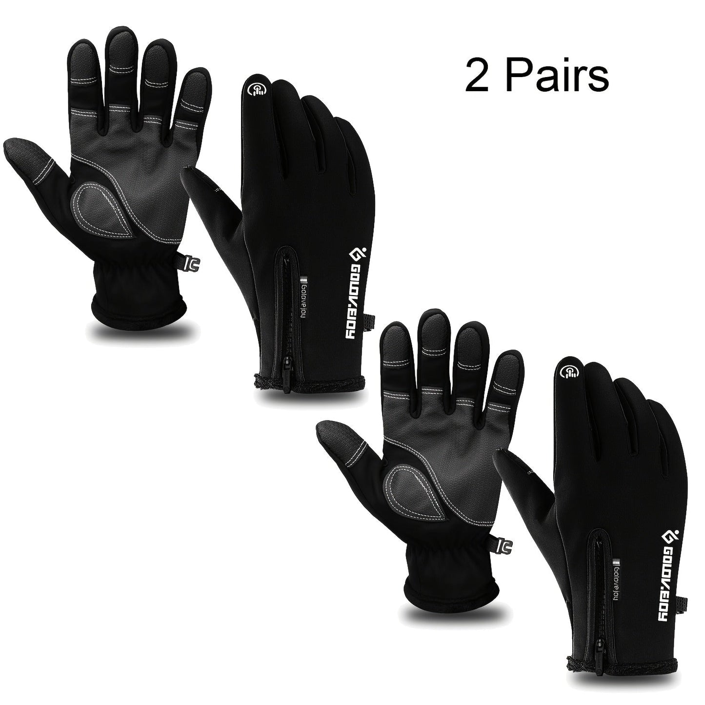 Two-Pair Full-Finger Winter Gloves in Black or Gray with Complete S, M, L, XL and XXL Size Grid