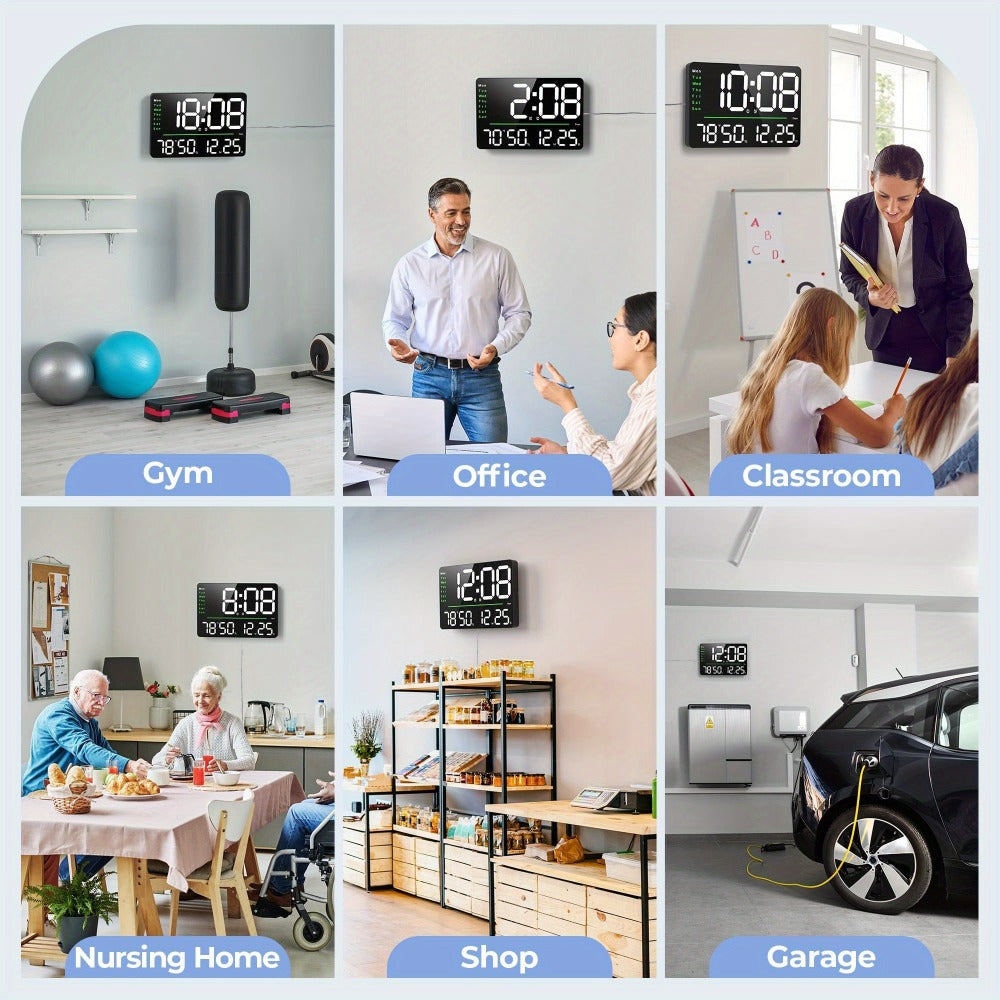 16-Inch Digital Wall Clock with LED Display, Remote, Dimmer Modes, Calendar and Indoor Temperature Readout