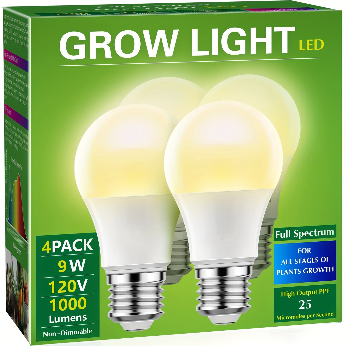 Grow Light Bulb A19 E26 Full Spectrum 9W 100W Equivalent | Natural White 4000K LED Plant Bulb for Indoor Plants Seed Starting | 2 4 6 12