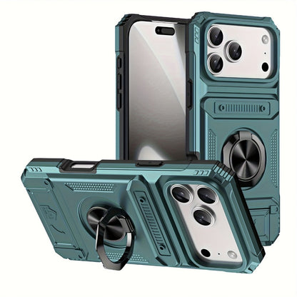 iPhone Card Slot Shockproof Case with Ring Holder & Kickstand – Wallet Phone Cover for iPhone 17 17 Air 17 Pro Max 16 15 14 13 12 11 Pro Max