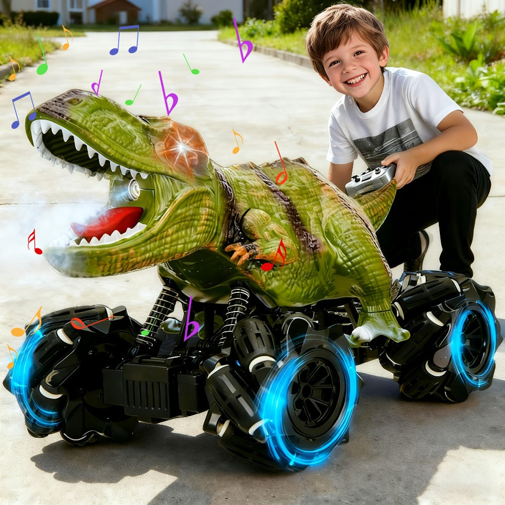 Remote Control Car, Dinosaur Monster Truck with Side Drift, LED Lights, Sound and Spray or No-Spray Options