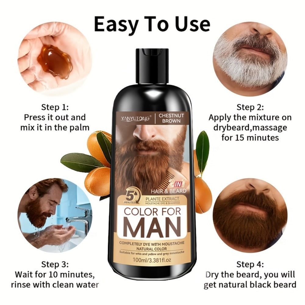 Hair Dye Shampoo, YANYUTONG Men's Beard and Hair Bottle in Black, Brown or Chestnut Brown Options