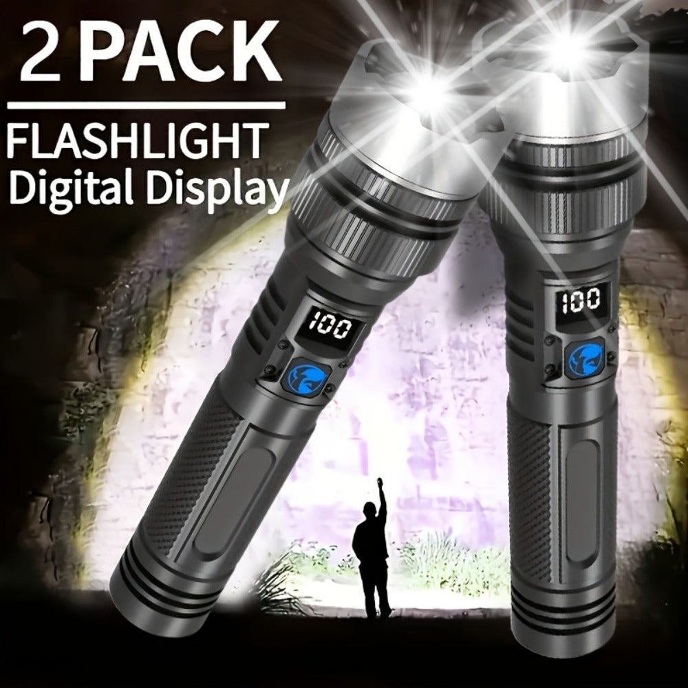 Flashlight 1000-Lumen Rechargeable 2-Pack with Digital Display, Type-C Input and USB Power Output