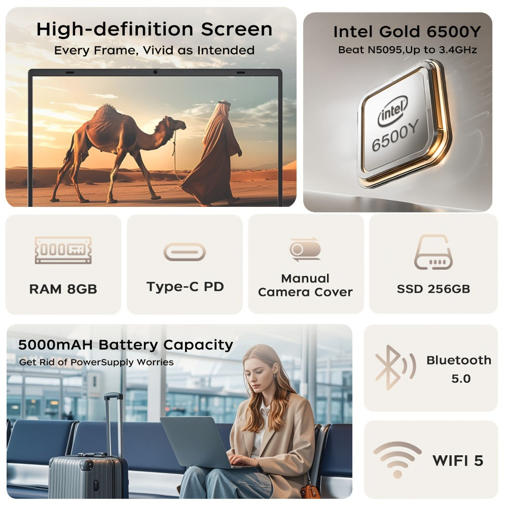 15.6 Inch Ultra-Thin Laptop, Intel Pentium 6500Y, 8GB RAM 256GB SSD, 4K Dual-Screen Support, Quad Stereo Speakers
