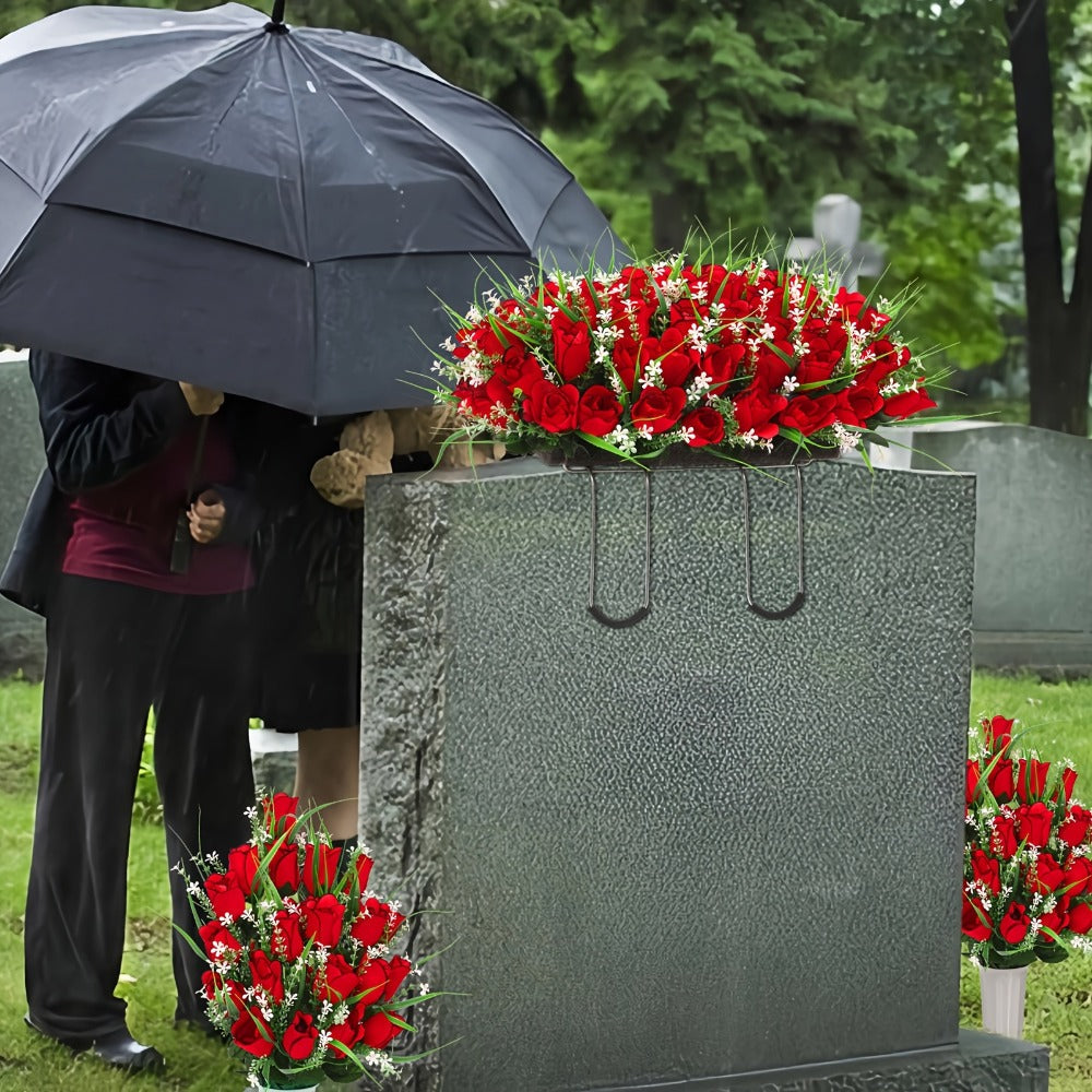 Artificial Flowers Silky Red Rose Memorial Set with Top Saddle, Side Vases or Three-Piece Option