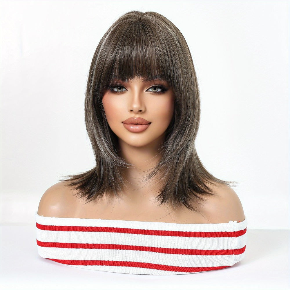 Synthetic Wig 14-Inch Layered Brown Highlight Ombre with Bangs and Rose Net Cap with Item-Specific Color, Length, Texture and Cap Choices