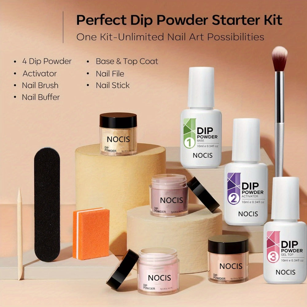 Dip Powder Nail Kit with NOCIS Label, Four Nude and Gold Glitter Powders, Three 10ml Liquids and Four Tools