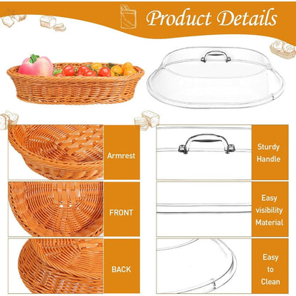 Woven Bread Basket with Lid Oval Rattan Food Basket for Serving Storage Fruits Vegetables Kitchen Dining Table Decor