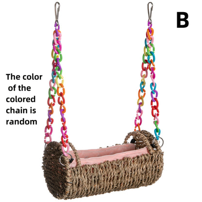 Parrot Nest with Mat Rattan Swing Toy All Season Bird Hammock Hanging Perch for Baby Parrots Cockatiels Conures Budgies Colorful Chain