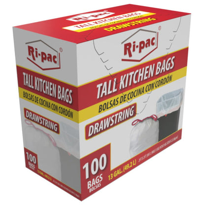 White Drawstring Trash Bags 13 Gallon 100 Count, Tall Kitchen Garbage Bags 0.9 Mil, 2 ft x 2 ft 3 in, Easy-Tie Drawstring Closure