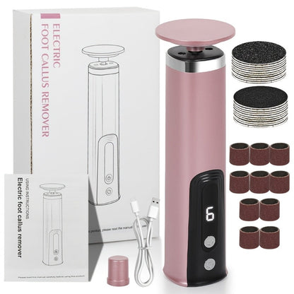 Rechargeable Electric Foot File and Callus Remover with Two Heads and Ten Sandpaper Pads in Pink