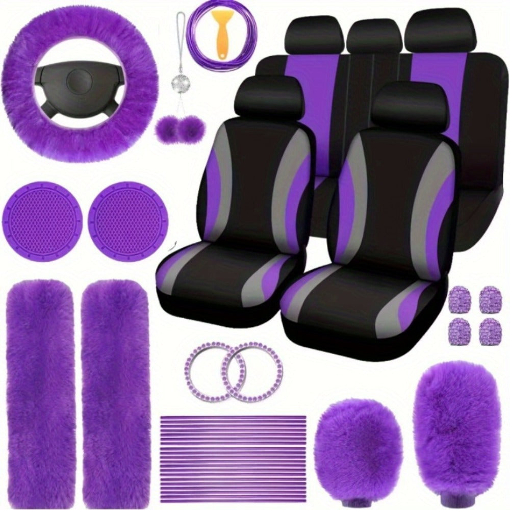 Car Interior Accessories Set for Women 45-Piece – Plush Steering Wheel Cover, Seat Cushion & Pendant, Universal Fit All Seasons