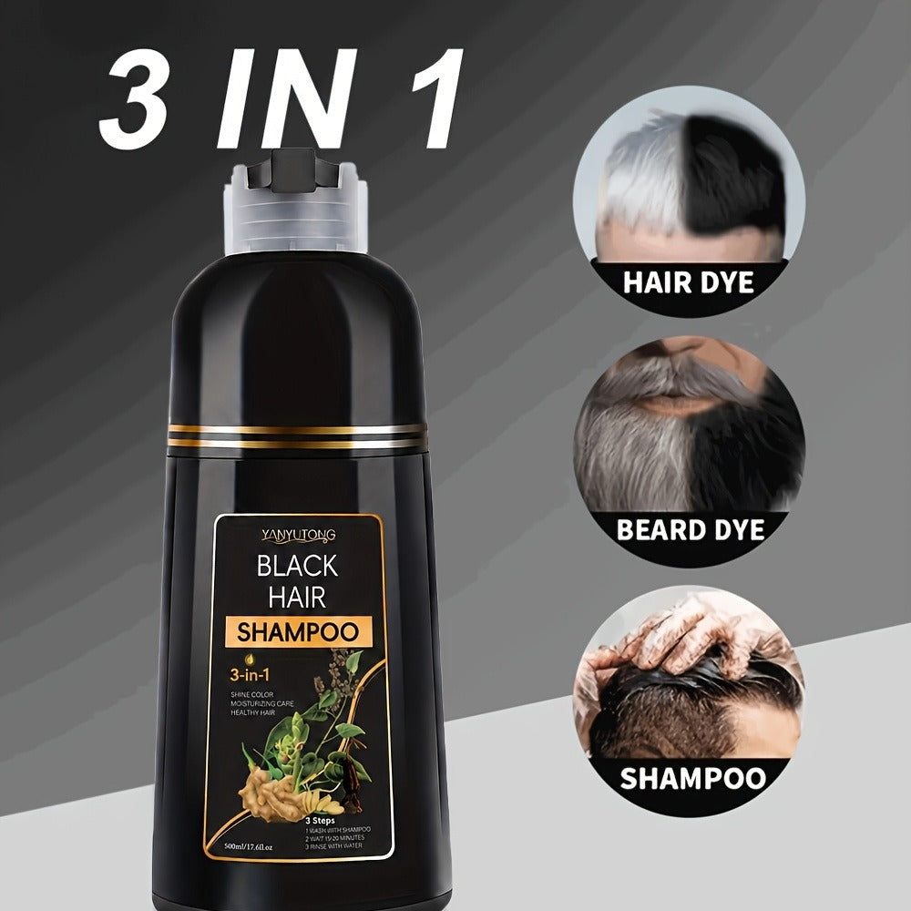 Hair Dye Shampoo, YANYUTONG 500ml Black 3-in-1 Bottle for At-Home Hair Color Application and Rinse Routine