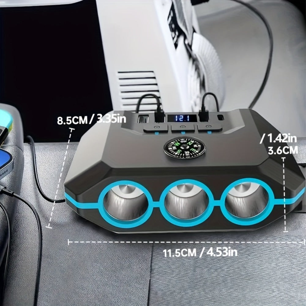 Car Cigarette Lighter Splitter 3-Socket 120W Power Outlet Adapter | QC3.0 + PD USB Ports | 12V/24V Voltage Monitor Independent Switch Car