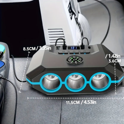Car Cigarette Lighter Splitter 3-Socket 120W Power Outlet Adapter | QC3.0 + PD USB Ports | 12V/24V Voltage Monitor Independent Switch Car