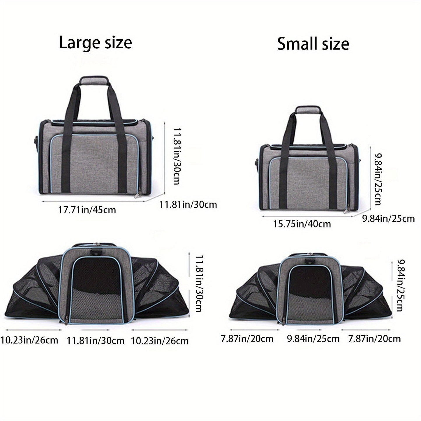 Expandable Pet Carrier Tote with Two Zip-Open Mesh Side Sections and Small or Large Size Options