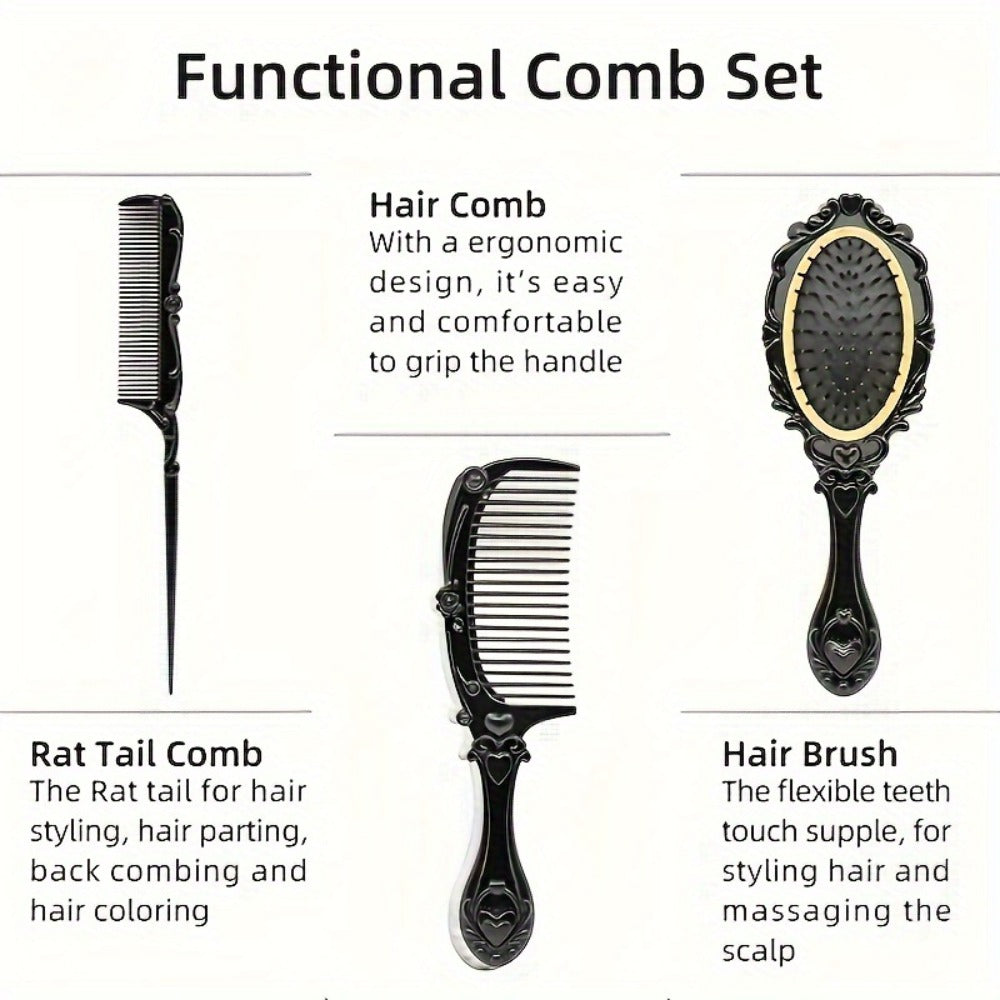 Retro Hair Comb Set with Mirror Scalp Massage Hairbrush Pocket Mirror Vintage Vanity Brush Set for Women Girls Travel Daily Grooming Makeup