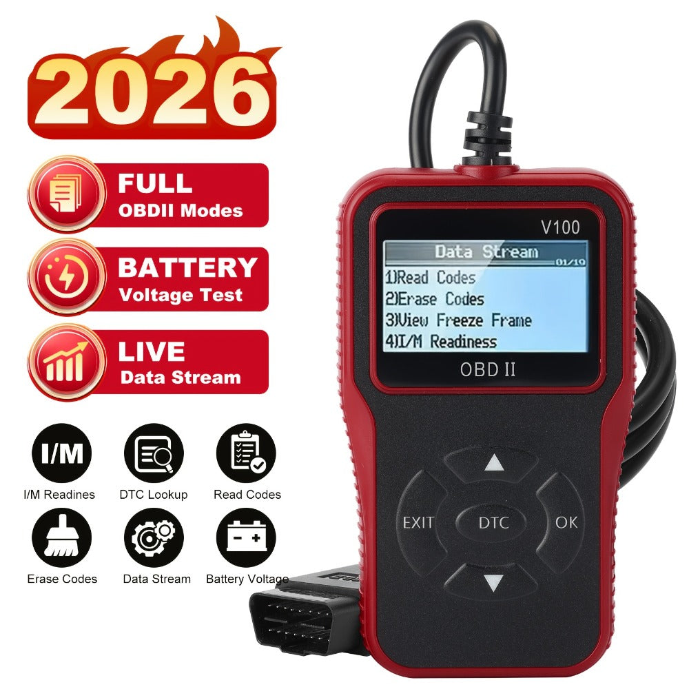 V100 OBD2 Scanner with Four-Line Menu, 12.4 x 7cm Body, Tethered 16-Pin Plug and Four Color Options