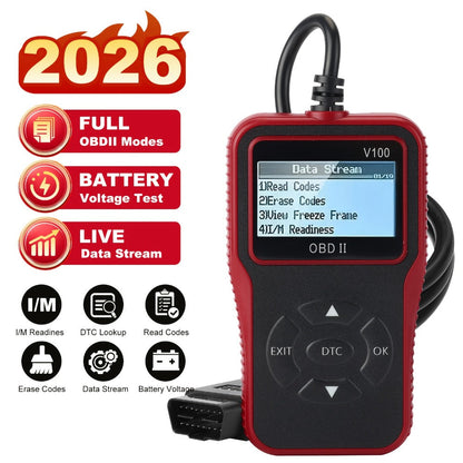 V100 OBD2 Scanner with Four-Line Menu, 12.4 x 7cm Body, Tethered 16-Pin Plug and Four Color Options