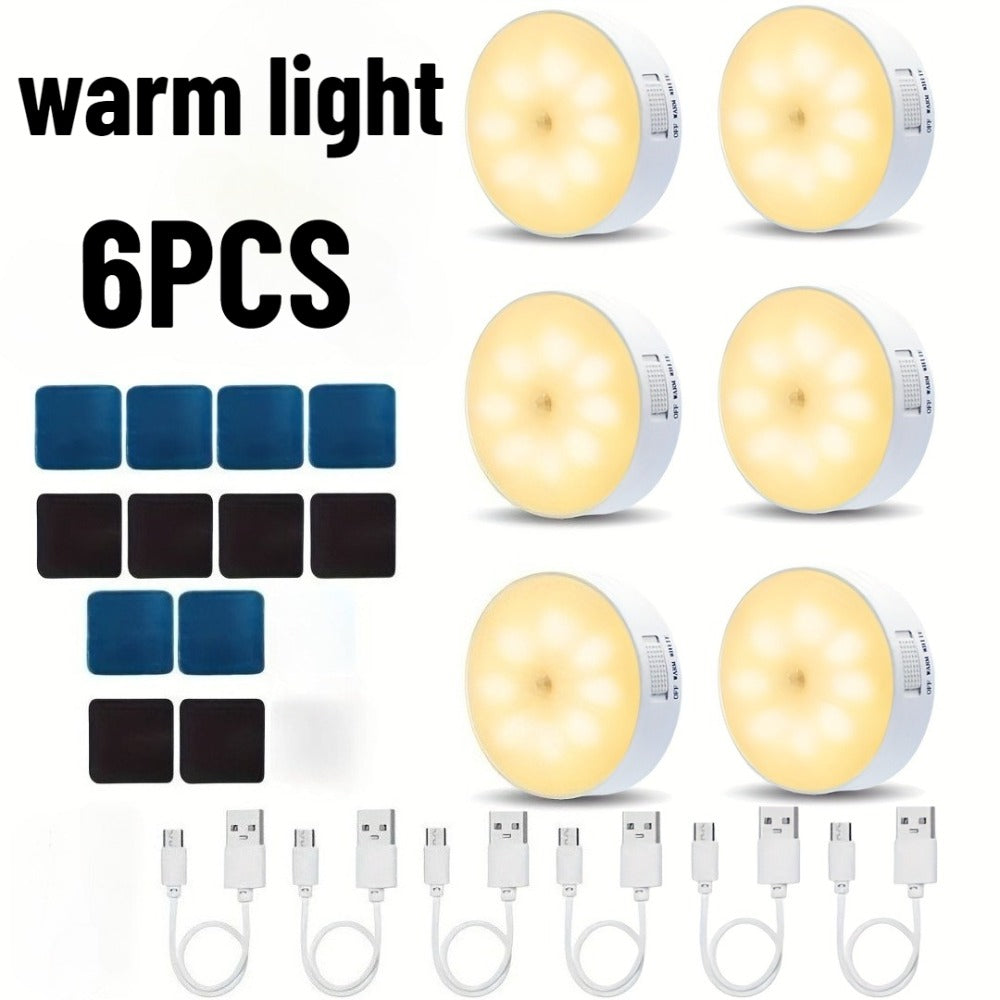 Night Light Motion Sensor 8-LED Puck Set with USB Rechargeable Power, Warm or White Light in 6- and 12-Piece Packs