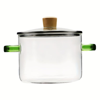 1.6L Transparent Glass Cooking Pot with Lid and Green or Yellow Side Handles for Soup, Noodles and Milk